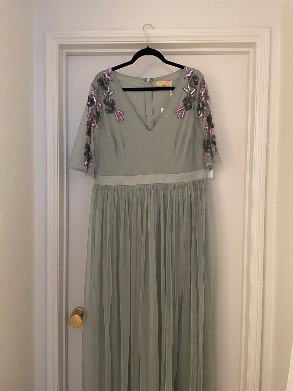 Maya Sage Green Maxi Dress with Pink & Silver Floral Embroidery